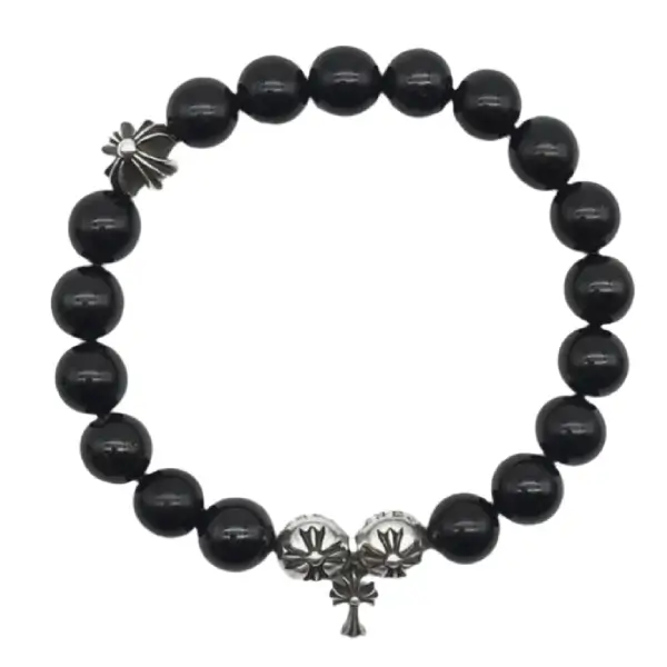 Chrome Hearts 10mm Obsidian Silver Cross Bracelet