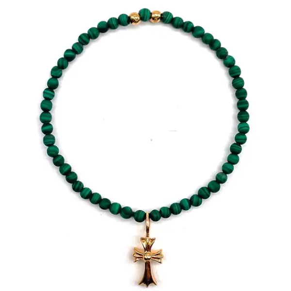 Chrome Hearts 4mm Malachite 22K Gold Cross Pendant Bracelet