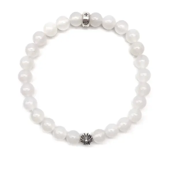 Chrome Hearts 6mm Beaded White Agate 2 Silver Cross Bracelet