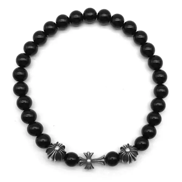 Chrome Hearts 6mm Black Obsidian 3 Silver Cross Bracelet