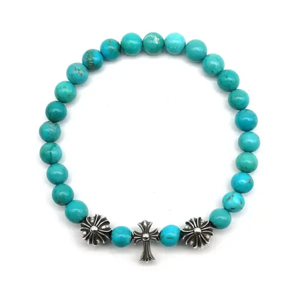 Chrome Hearts 6mm Turquoise 3 Silver Beaded Cross Bracelet