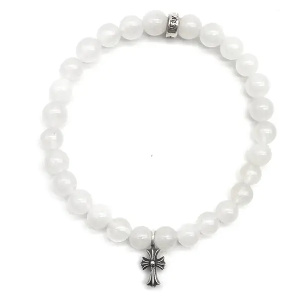 Chrome Hearts 6mm White Beaded Silver Cross Pendant Bracelet