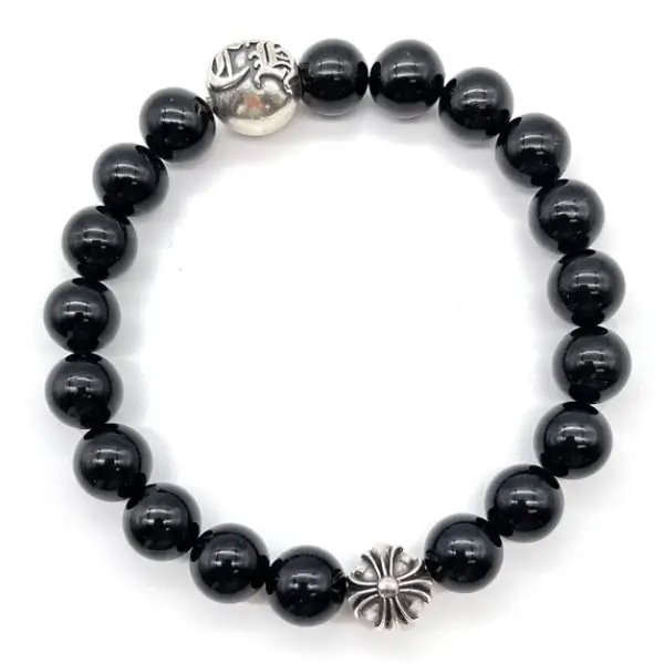 Chrome Hearts 8mm Beaded Obsidian Silver Bracelet