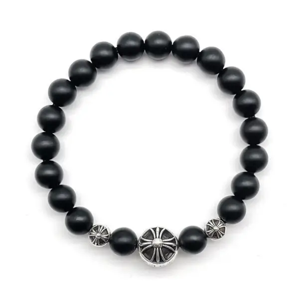 Chrome Hearts 8mm Matte Onyx Bead 3 Silver Bracelet