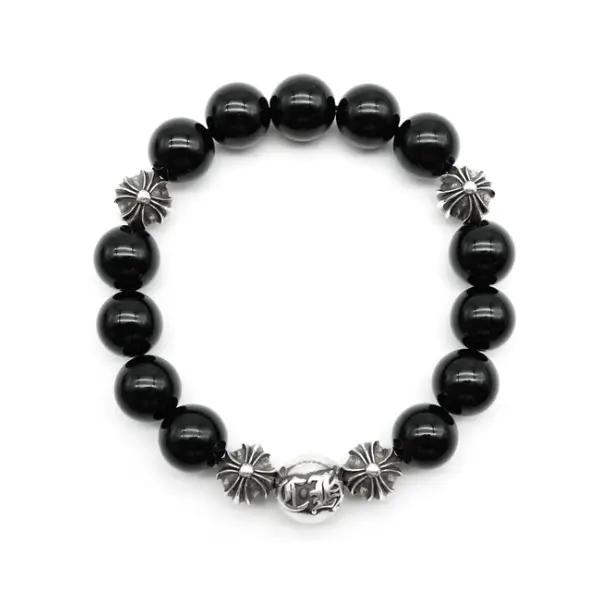 Chrome Hearts 8mm Obsidian 5 Silver Bracelet