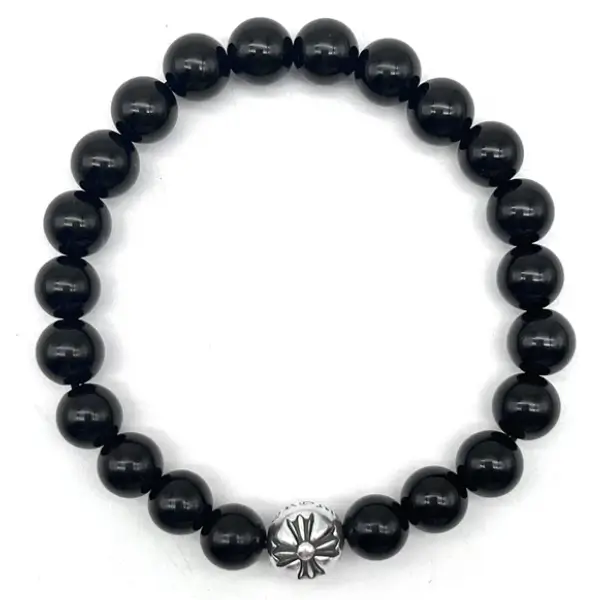 Chrome Hearts 8mm Single Silver Obsidian Cross Bracelet
