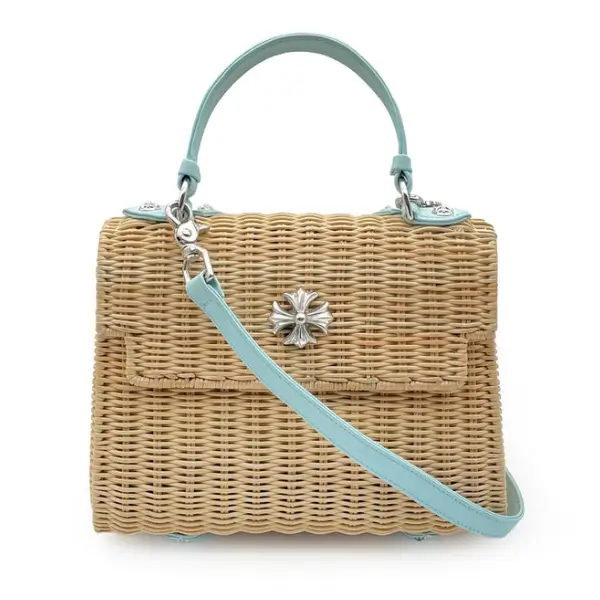 Chrome Hearts Baby Blue Silver Cross Woven Dolly Wicker Bag