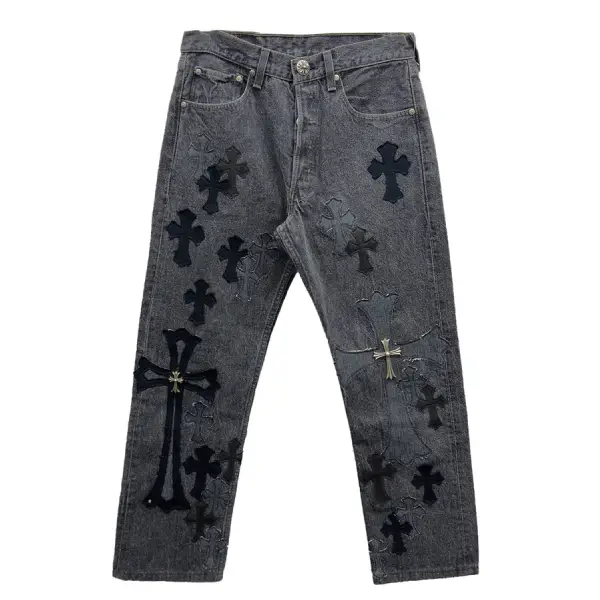 Chrome Hearts Black & Grey Silver Cross Patch Jeans