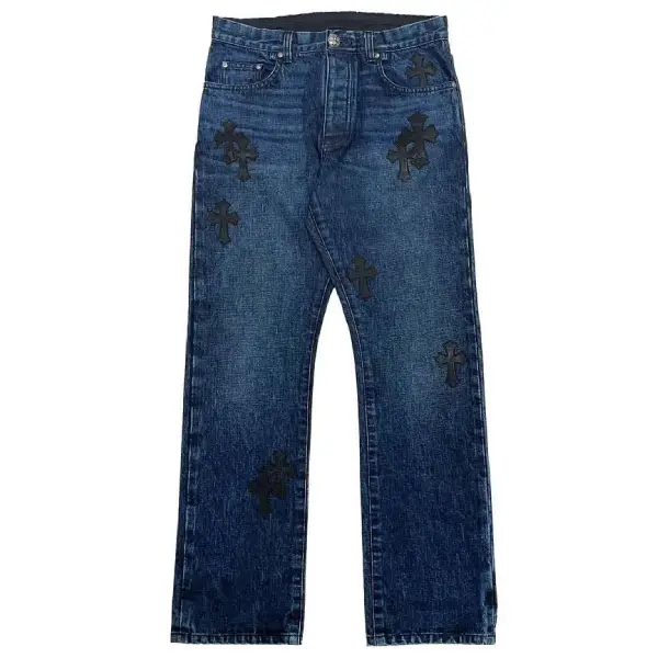 Chrome Hearts Black Leather Cross Patch Jeans