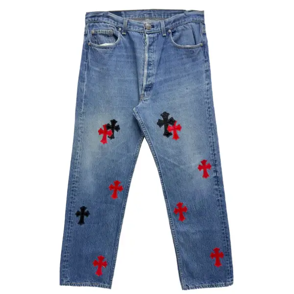 Chrome Hearts Black&Red Patent Leather Cross Patches Jeans