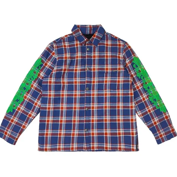 Chrome Hearts Blue & Red Plaid Cropped Cargo Flannel Shirt