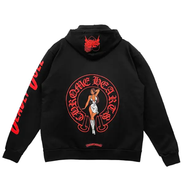 Chrome Hearts Deadly Doll Red Horseshoe Logo Pullover Hoodie