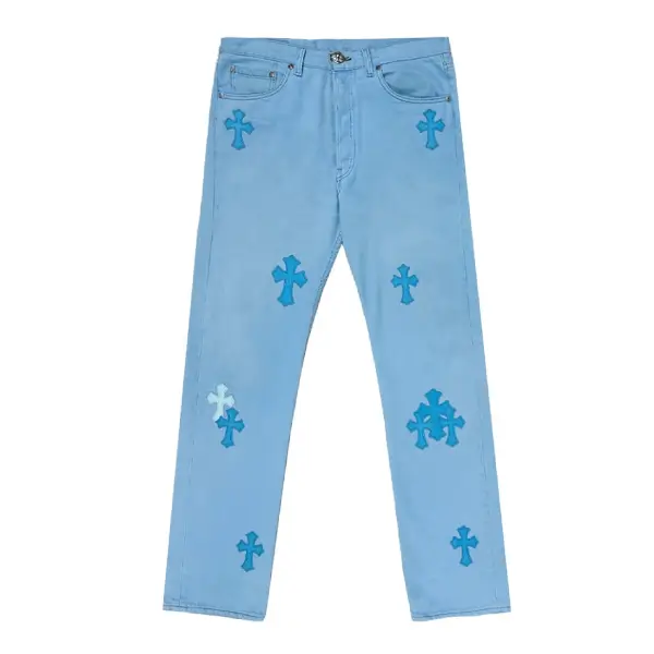 Chrome Hearts Drake Blue Leather Cross Patch Jeans