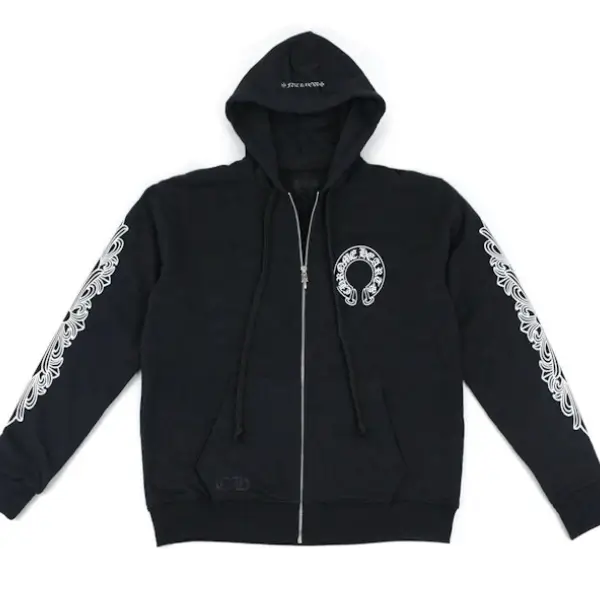 Chrome Hearts Horseshoe Floral Cross Sleeve Embroidered Hood Zip Up Hoodie Black