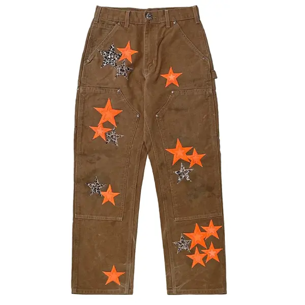 Chrome Hearts Las Vegas Exclusive Orange & Leopard Star Leather Patch Carpenter Pants