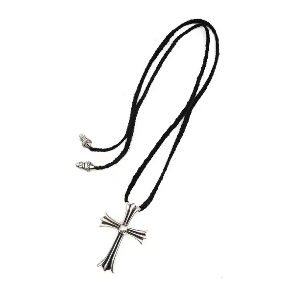 Chrome Hearts Leather Braids Silver Cross Necklace