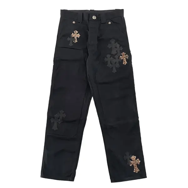 Chrome Hearts Leopard Black Leather Cross Carpenter Pants