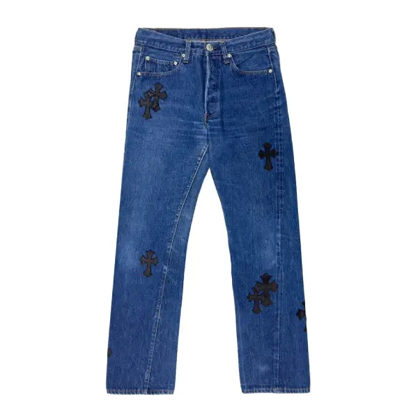 Chrome Hearts Levi's 501 Black Cross Leather Patch Blue Jeans