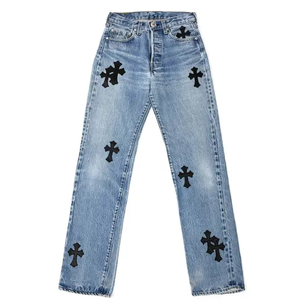 Chrome Hearts Levi's 501 Black Cross Leather Patch Jeans Blue