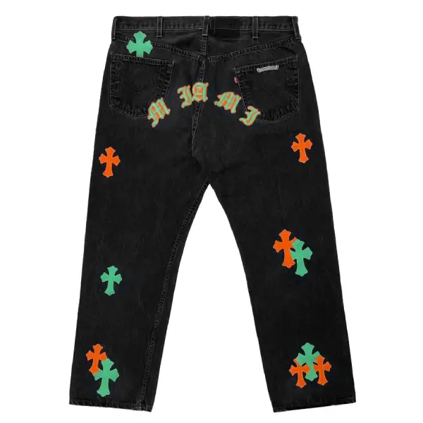 Chrome Hearts Levi's 501 Orange&Green Miami Cross Leather Patch Black Jeans