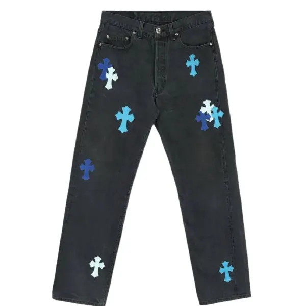 Chrome Hearts London Exclusive Jeans with Blue Leather Cross Patch