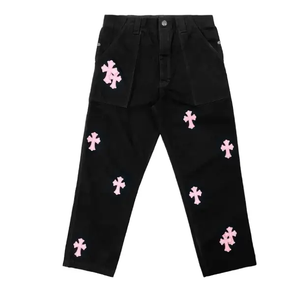 Chrome Hearts Pink Cross Leather Patch Black Carpenter Pants