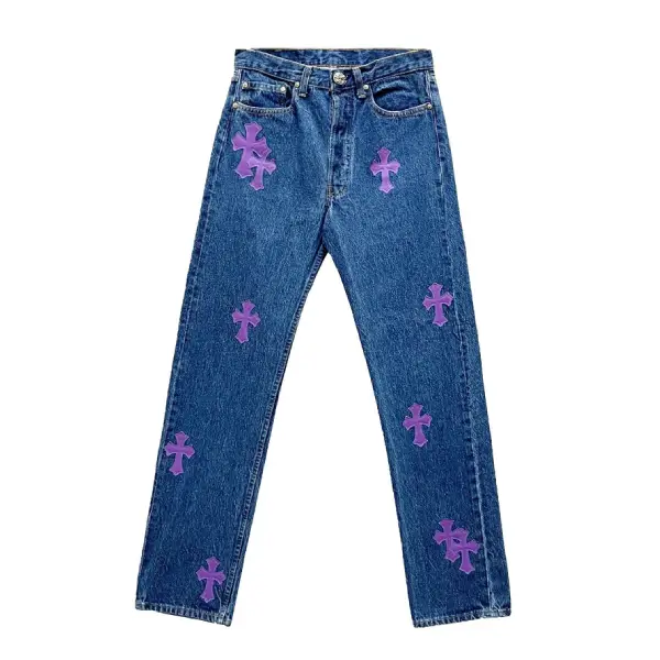 Chrome Hearts Purple Leather Cross Patch Jeans