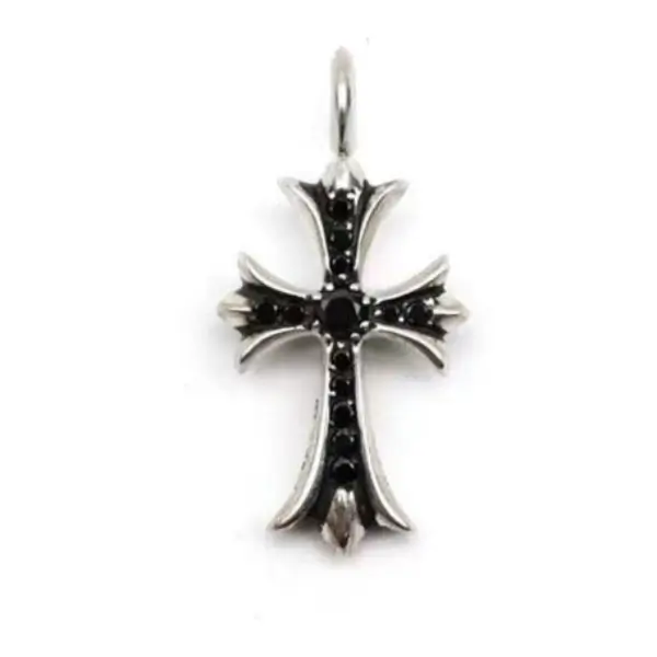 Chrome Hearts Silver Black Diamonds Tiny Cross Charm Pendant