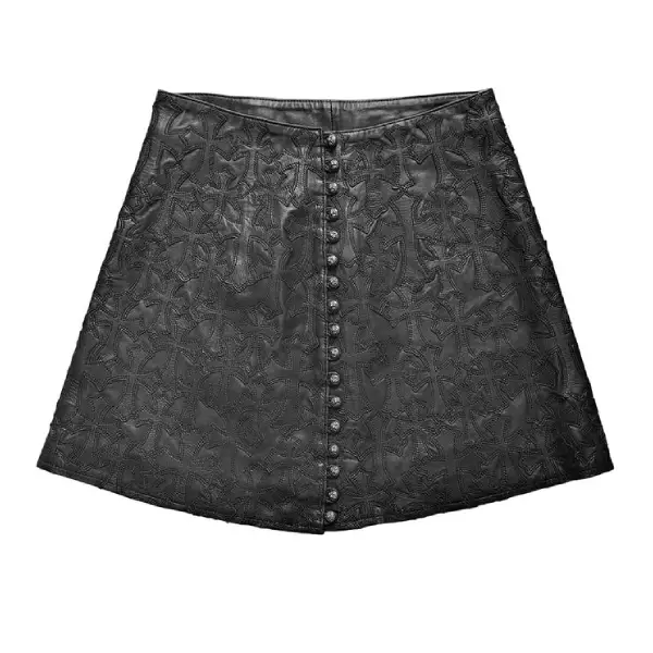 Chrome Hearts Silver Buttons Tonal Cross Patch Leather Skirt