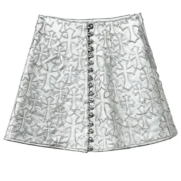 Chrome Hearts Silver Buttons Tonal Cross Patch Leather Skirt White