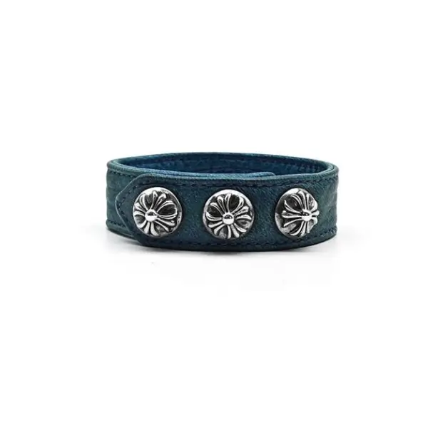 Chrome Hearts Silver Cross Leather Bracelet