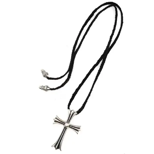 Chrome Hearts Silver Cross Leather Braids Necklace
