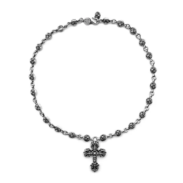 Chrome Hearts Silver Crossball Necklace With Filigree Cross Pendant