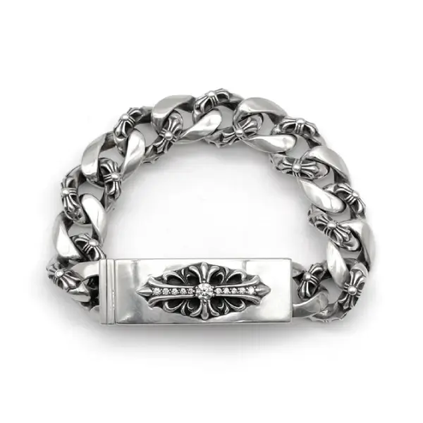 Chrome Hearts Silver Diamond ID Cross Fancy Link Cuban Bracelet