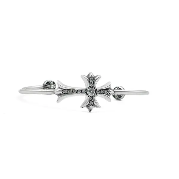 Chrome Hearts Silver Diamonds Tiny Cross Cuff Bracelet